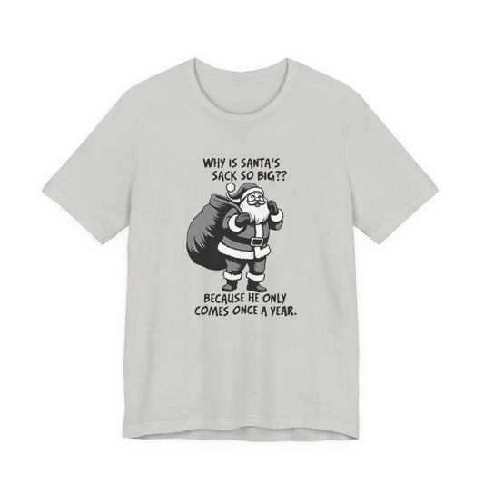 Funny Christmas T-Shirt — "Why Is Santa’s Sack So Big?" Holiday Graphic Tee