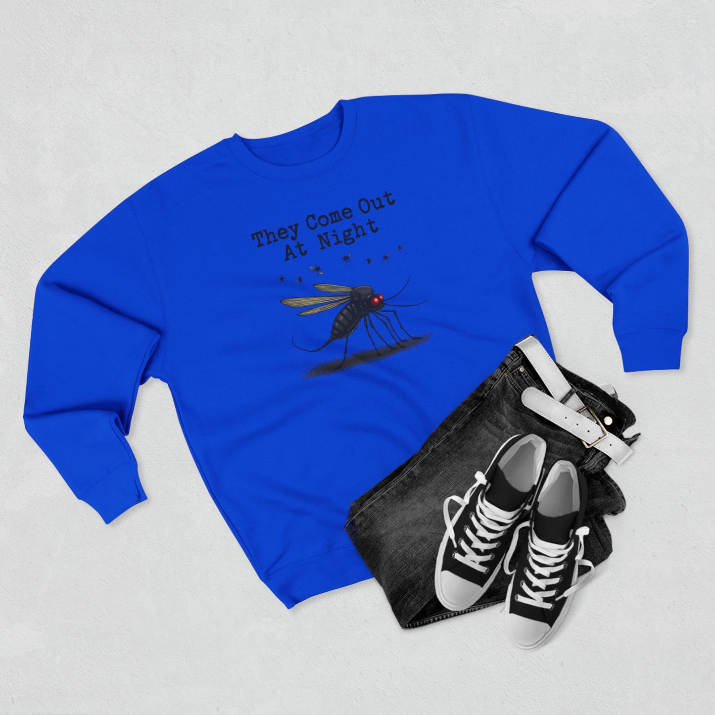 Mosquito, They come out at night, Cozy Nighttime Crewneck Sweatshirt, perfect for casual wear, gift for nature lovers, cozy evenings, Halloween, spooky season, graphic [...] - Psychonaut Swag