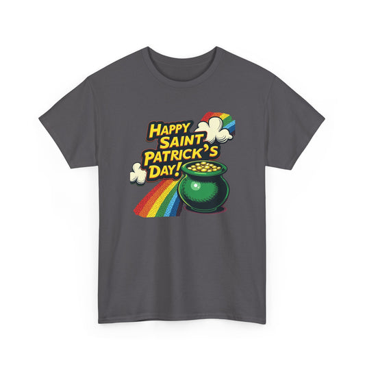 Saint Patrick's Day Tee — "Happy Saint Patrick's Day!" Pot of Gold Rainbow T-Shirt