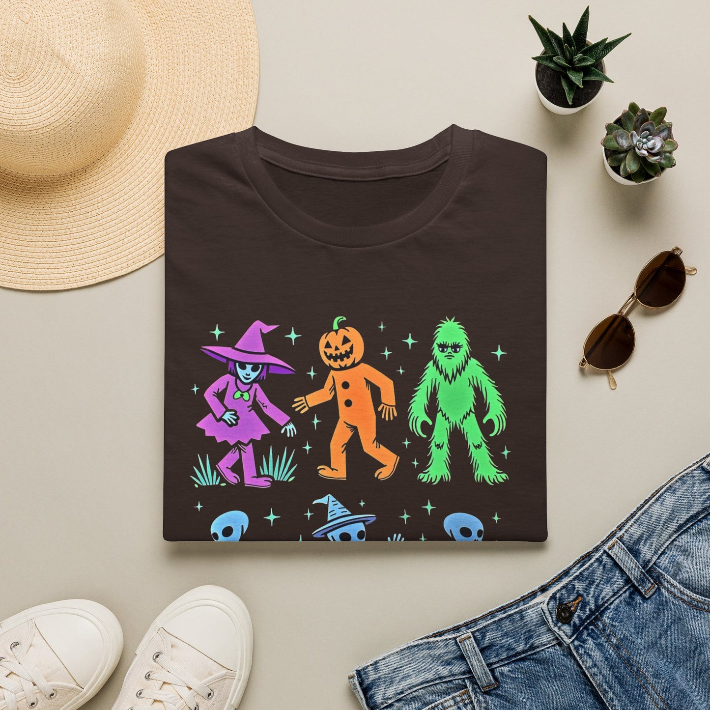 Halloween Monster Dance T-Shirt — Neon Witch, Pumpkin & Yeti Graphic Tee
