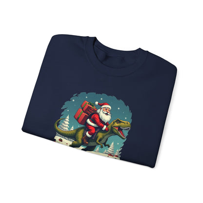 Santa Dashing through on a Dinosaur Sweatshirt — Santa Riding T-Rex Holiday Crewneck