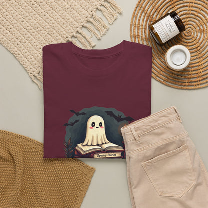 Ghost Reader T-Shirt — Cute Ghost on Stacked Books Halloween Tee