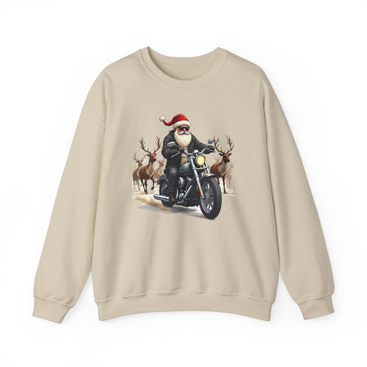 Santa on Motorcycle in Reindeer Stampede — Biker Santa Christmas Crewneck