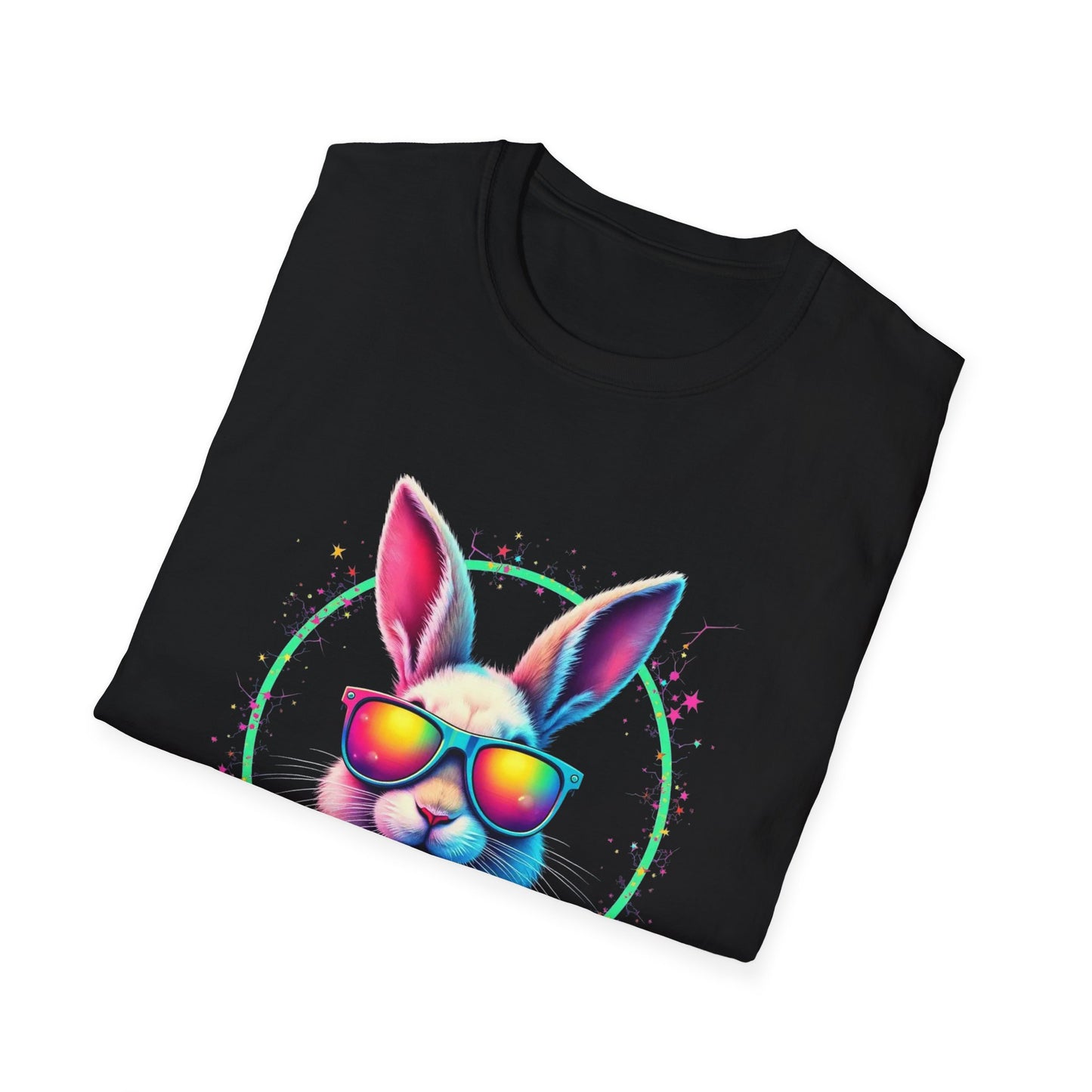 Easter Bunny Sunglasses T-Shirt — Colorful Neon Bunny with Easter Eggs