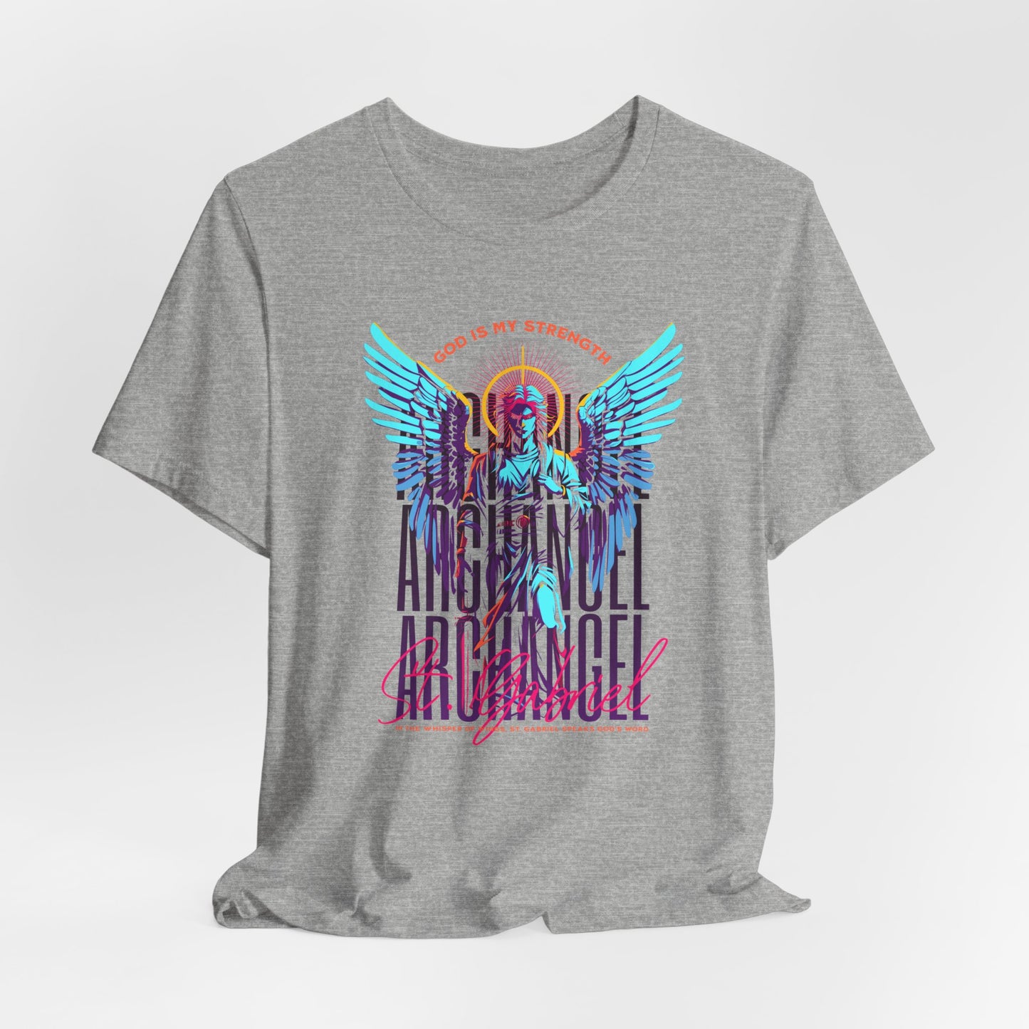 St. Gabriel Angel Tee — "God Is My Strength" Neon Graphic T-Shirt
