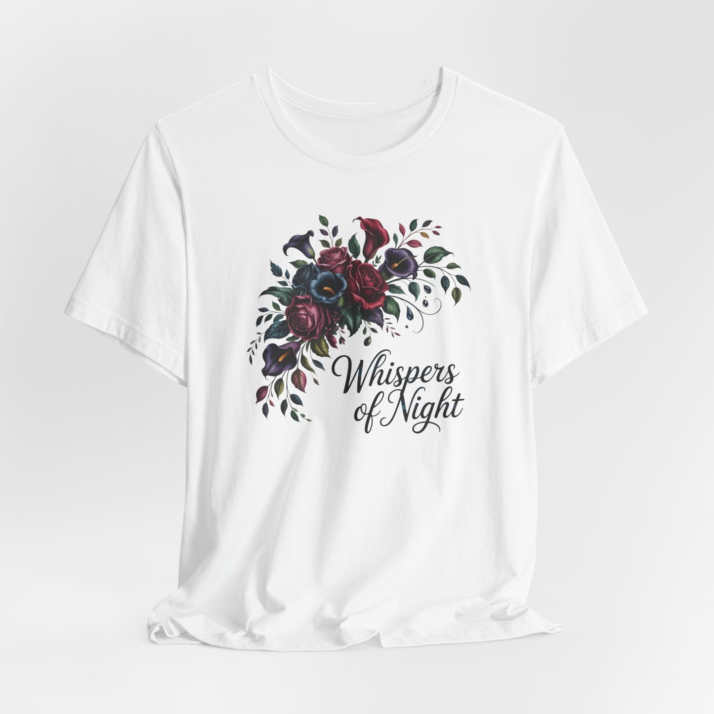 Whispers of Night Floral Tee — Dark Rose Bouquet Graphic T-Shirt