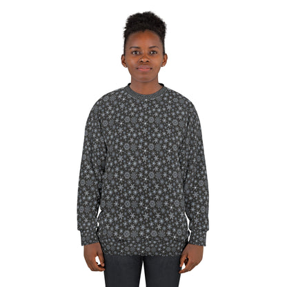 Snowflake Pattern Sweatshirt — Black Winter Snowfall Crewneck