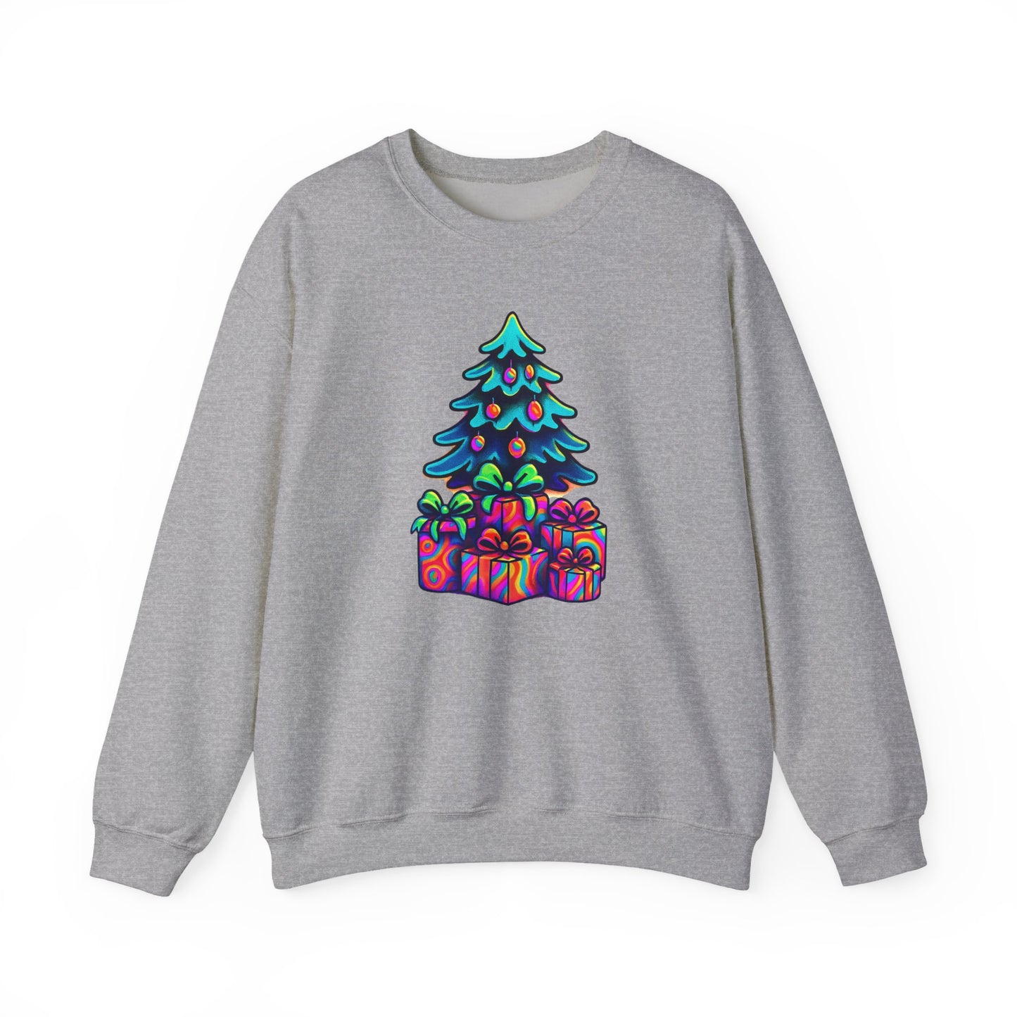 Psychedelic Christmas Tree Sweatshirt — Colorful Holiday Tree with Gifts Crewneck