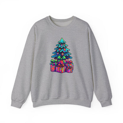 Psychedelic Christmas Tree Sweatshirt — Colorful Holiday Tree with Gifts Crewneck