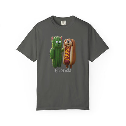 Friends Cactus and Hot Dog, Cartoon T-Shirt, Cute Tee for Kids and Adults, Humorous Gift for Food Lovers, Summer Casual Wear, Birthday Gift