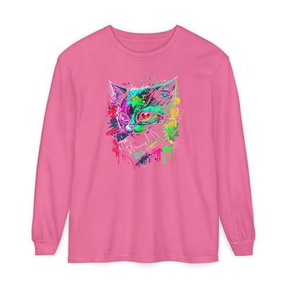 Psychedelic Cat, Unisex Garment-dyed Long Sleeve T-Shirt