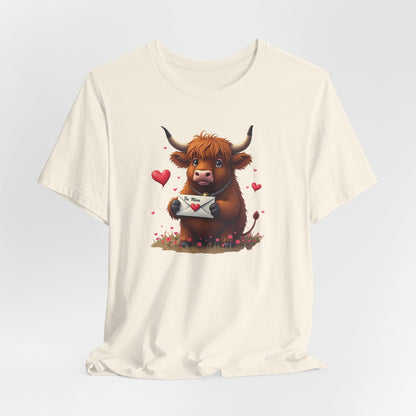 Valentine Highland Cow Tee — Cute Love Letter Bull Shirt