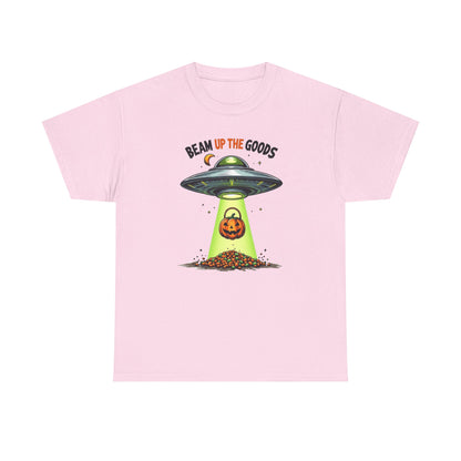 Halloween UFO T-Shirt — "Beam Up The Goods" Pumpkin Candy Abduction Tee