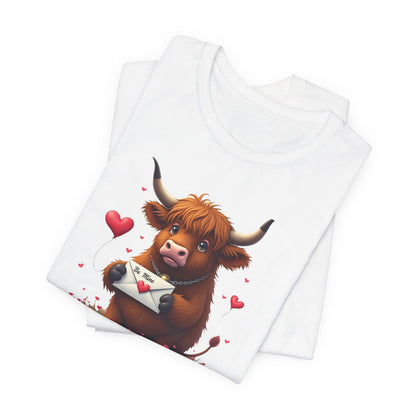 Valentine Highland Cow Tee — Cute Love Letter Bull Shirt