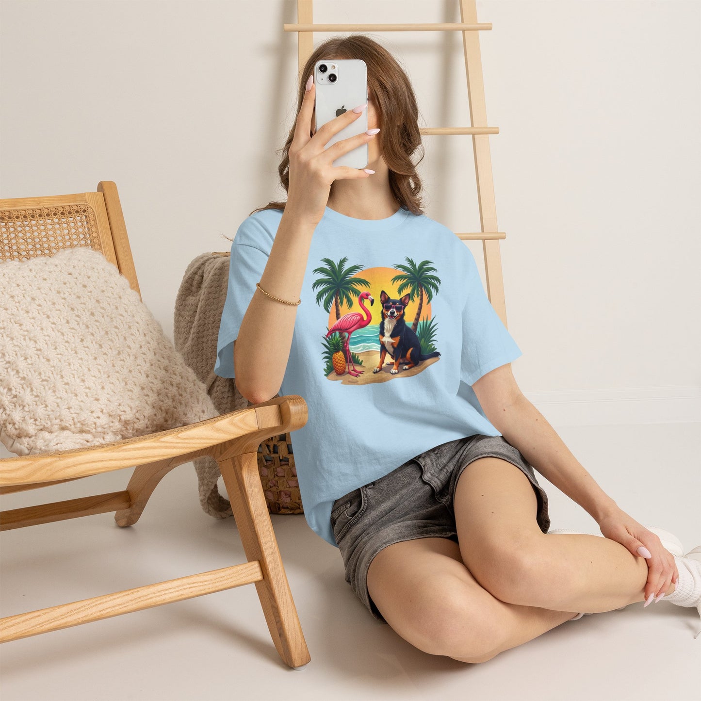 Dog Beach Sunset T-Shirt — Tropical Flamingo Palm Tee