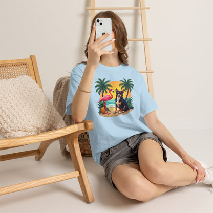 Dog Beach Sunset T-Shirt — Tropical Flamingo Palm Tee