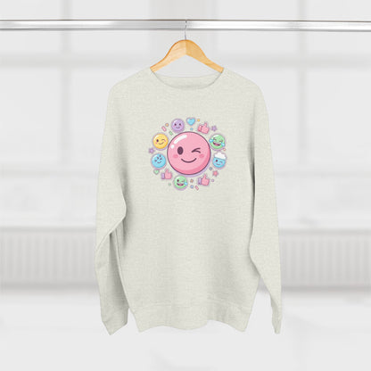 Emoji Smile Crewneck Sweatshirt — Cute Winking Face & Icon Circle Design