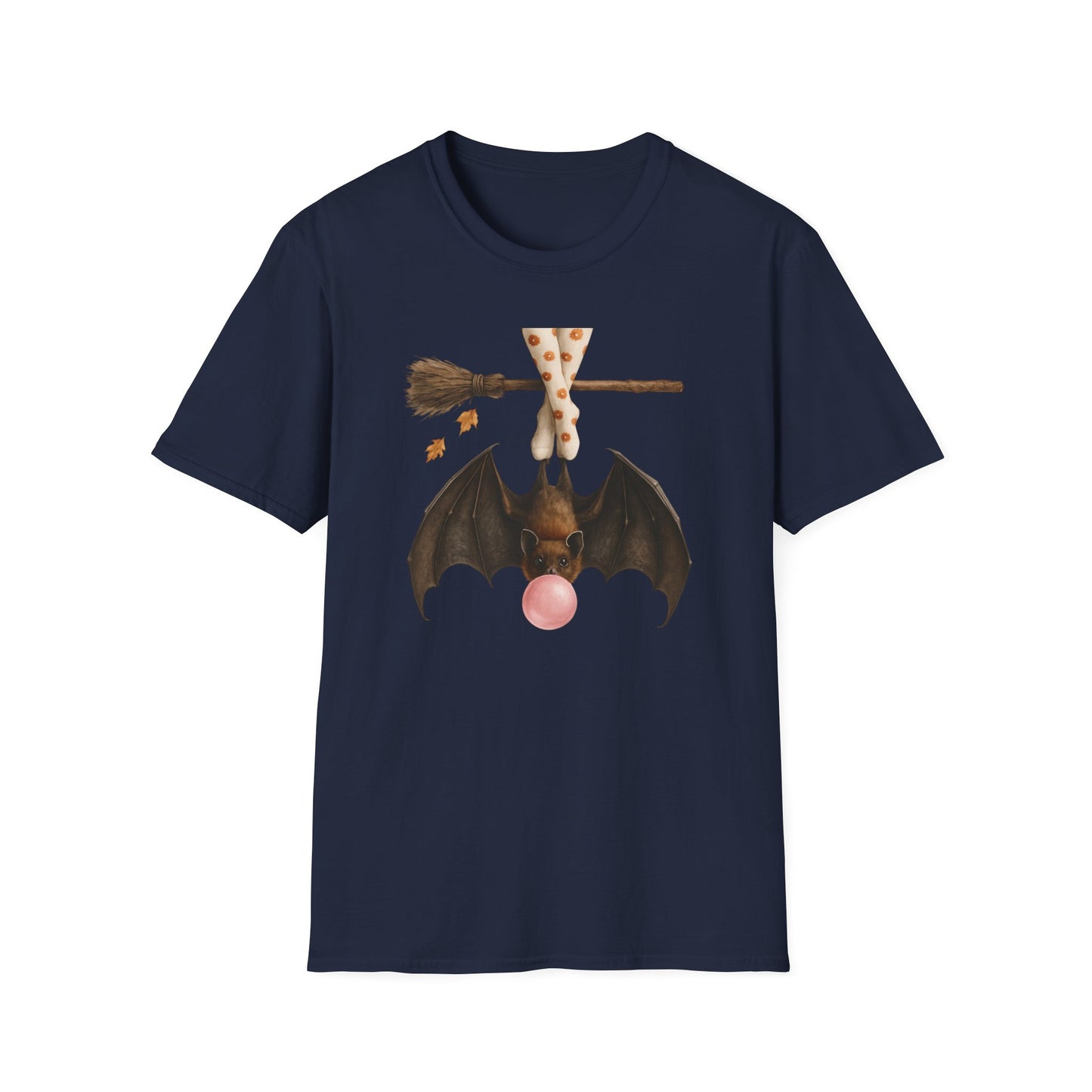 Bat and Bubblegum Unisex Softstyle T-Shirt, Halloween Top, Whimsical Graphic Tee, Cute Gift for Animal Lovers, Fall Vibes