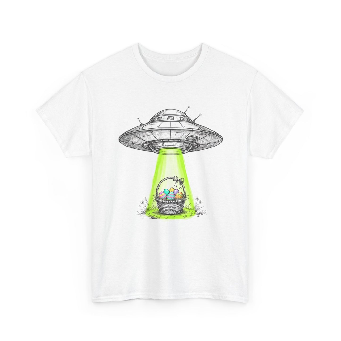 Easter UFO Abduction T-Shirt — Alien Spaceship Beaming Up Easter Basket