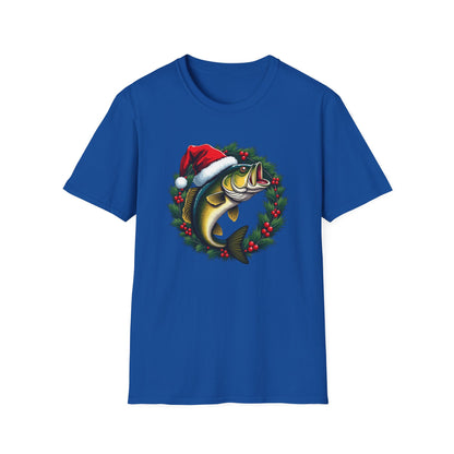 Christmas Wreath Bass Fishing T-Shirt — Santa Hat Fish Holiday Tee