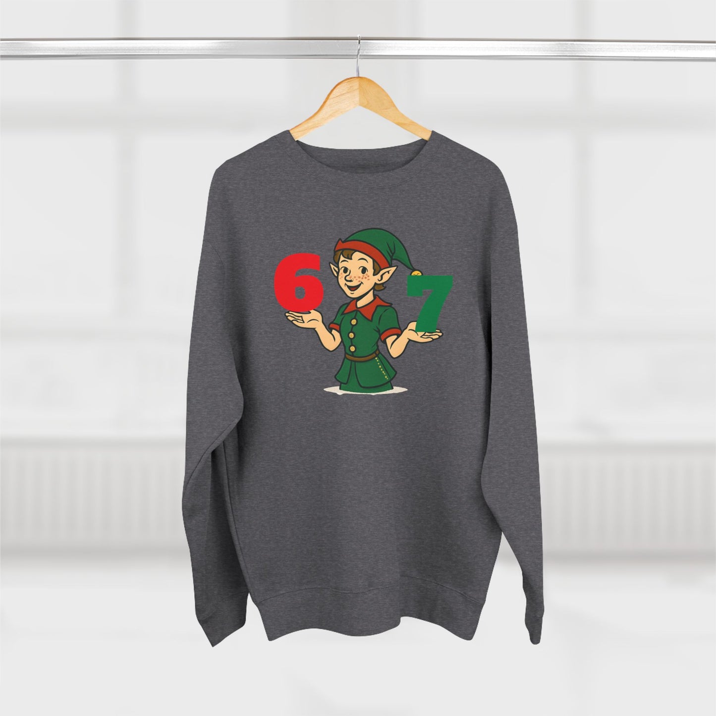Elf Juggler six-seven  — Cute Holiday Elf Holding 6 & 7 Christmas Crewneck