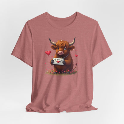 Valentine Highland Cow Tee — Cute Love Letter Bull Shirt