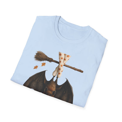 Bat and Bubblegum Unisex Softstyle T-Shirt, Halloween Top, Whimsical Graphic Tee, Cute Gift for Animal Lovers, Fall Vibes