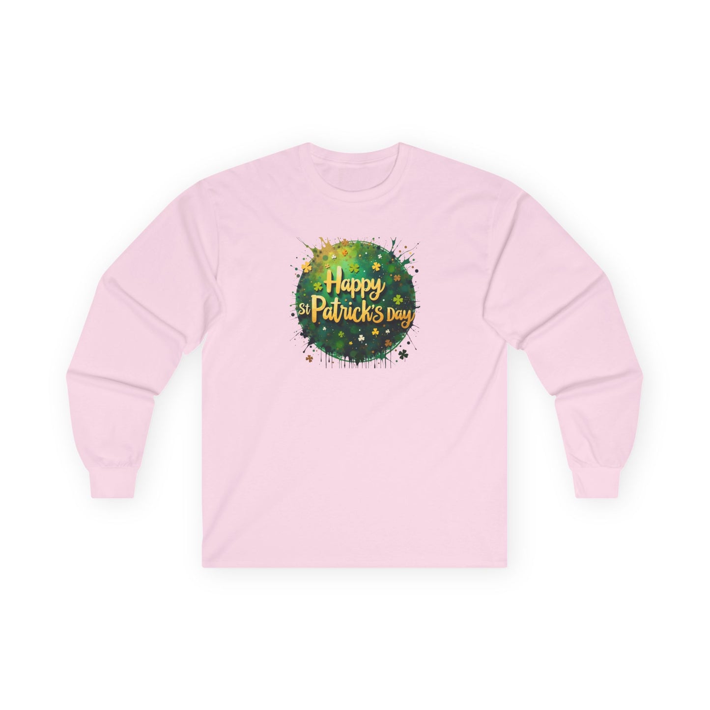 St. Patrick's Day Long Sleeve Tee - "Happy St. Patrick's Day" Green Watercolor Shamrock Design