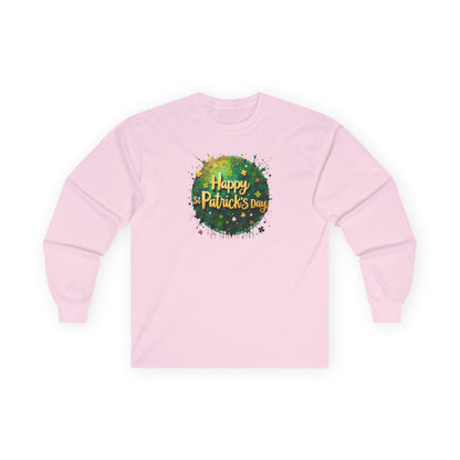 St. Patrick's Day Long Sleeve Tee - "Happy St. Patrick's Day" Green Watercolor Shamrock Design