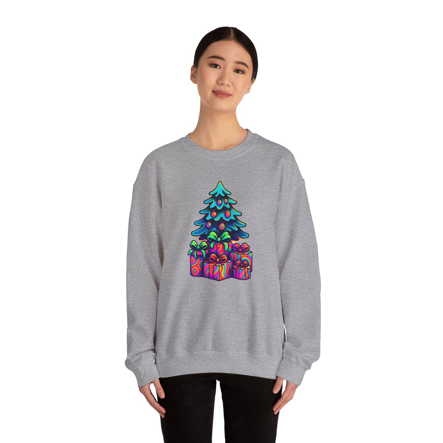 Psychedelic Christmas Tree Sweatshirt — Colorful Holiday Tree with Gifts Crewneck