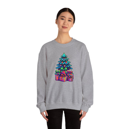 Psychedelic Christmas Tree Sweatshirt — Colorful Holiday Tree with Gifts Crewneck