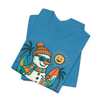 Frosty on Vacation Graphic Tee — Surfing Snowman with Drink Summer Holiday T-Shirt