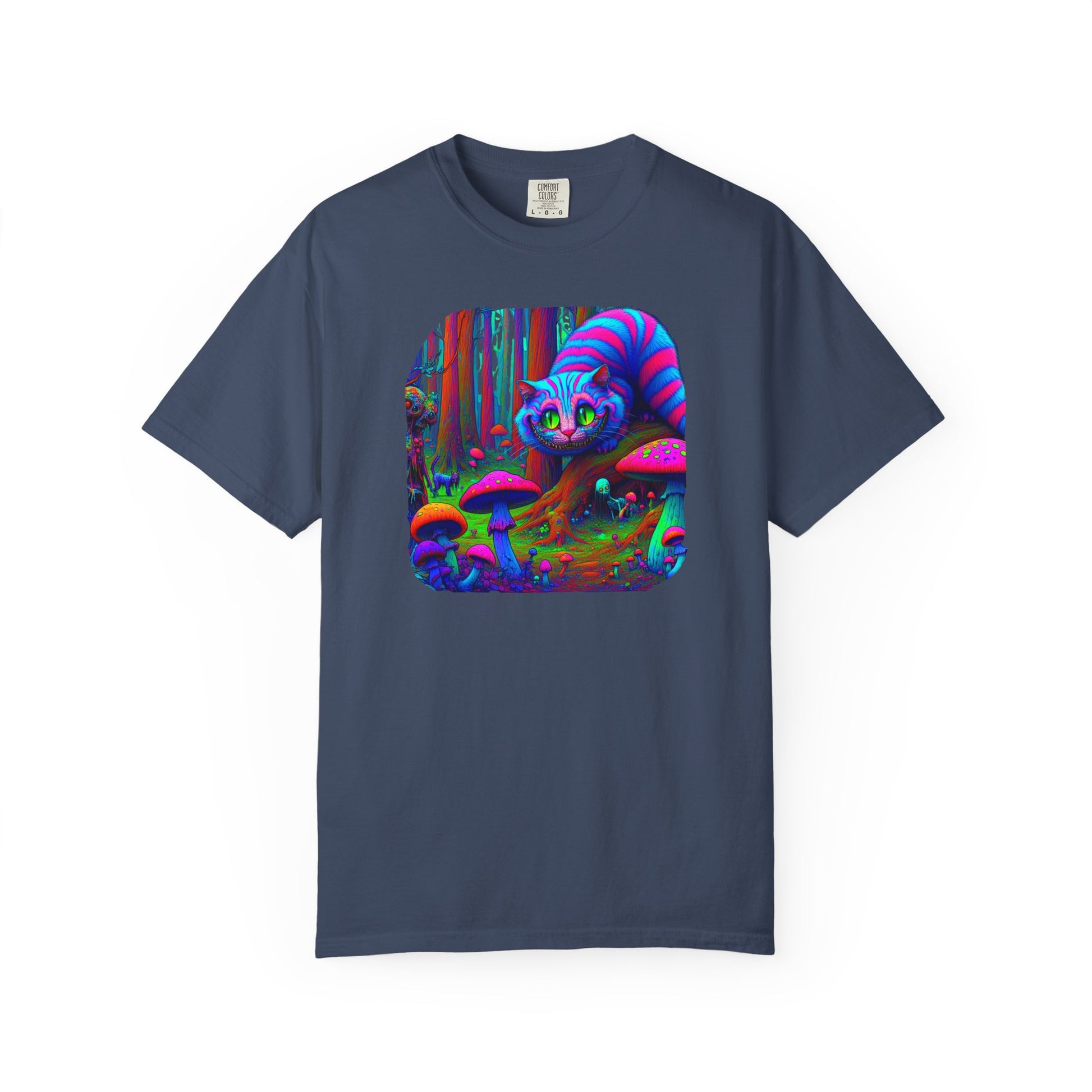 Curious Cat with mushrooms, Unisex Garment-Dyed T-shirt - Psychonaut Swag