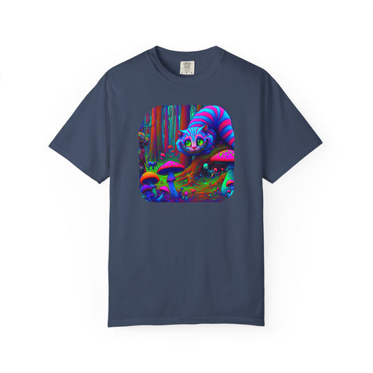 Curious Cat with mushrooms, Unisex Garment-Dyed T-shirt - Psychonaut Swag