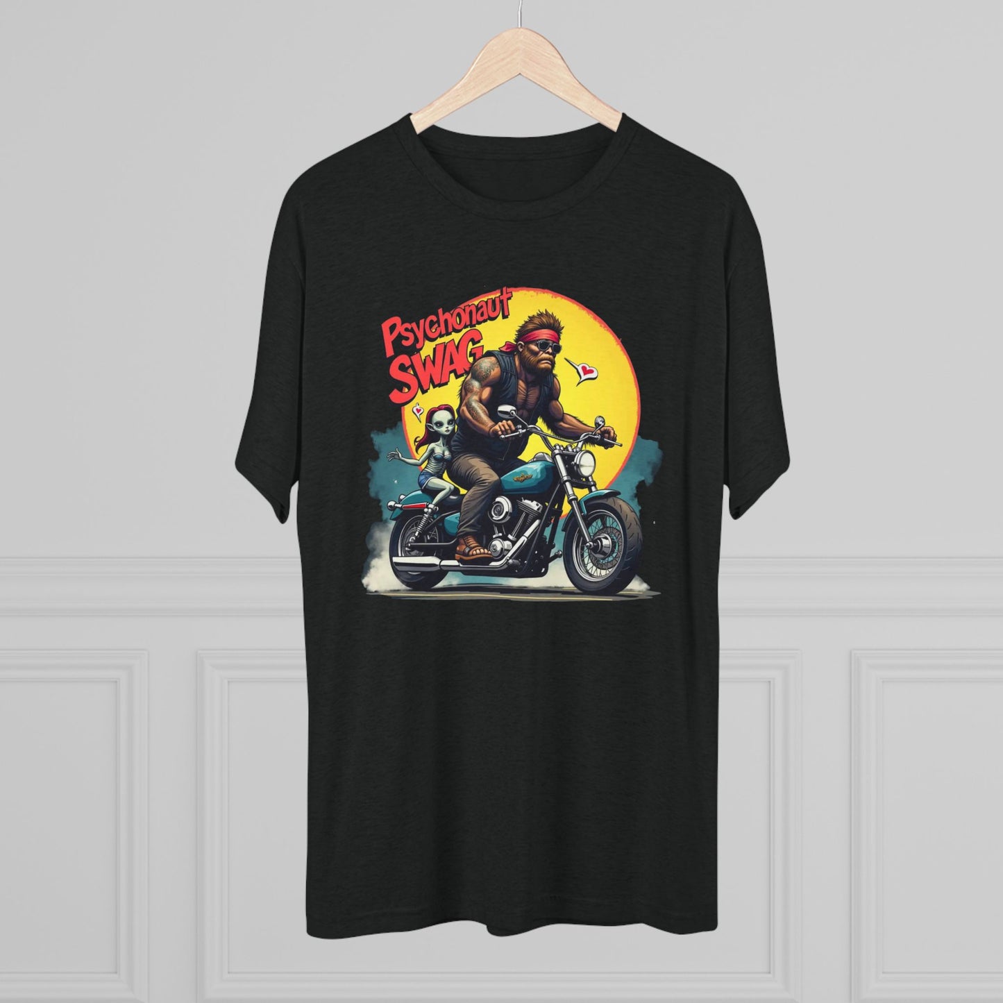 Psychonaut Swag Bigfoot on Motorcycle T-Shirt — Retro Biker Graphic Tee