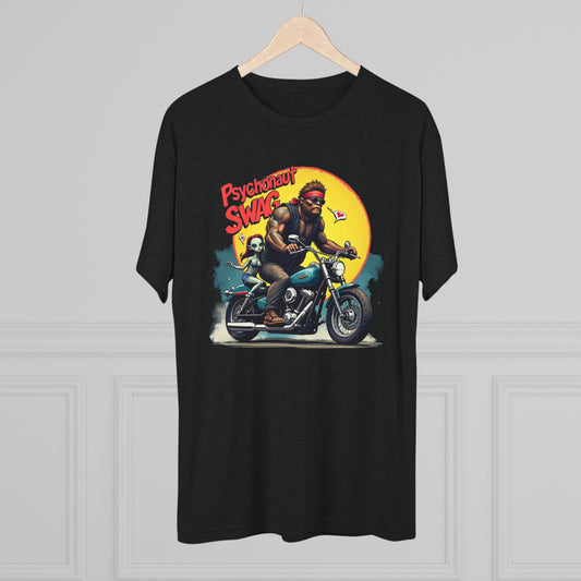 Psychonaut Swag Bigfoot on Motorcycle T-Shirt — Retro Biker Graphic Tee
