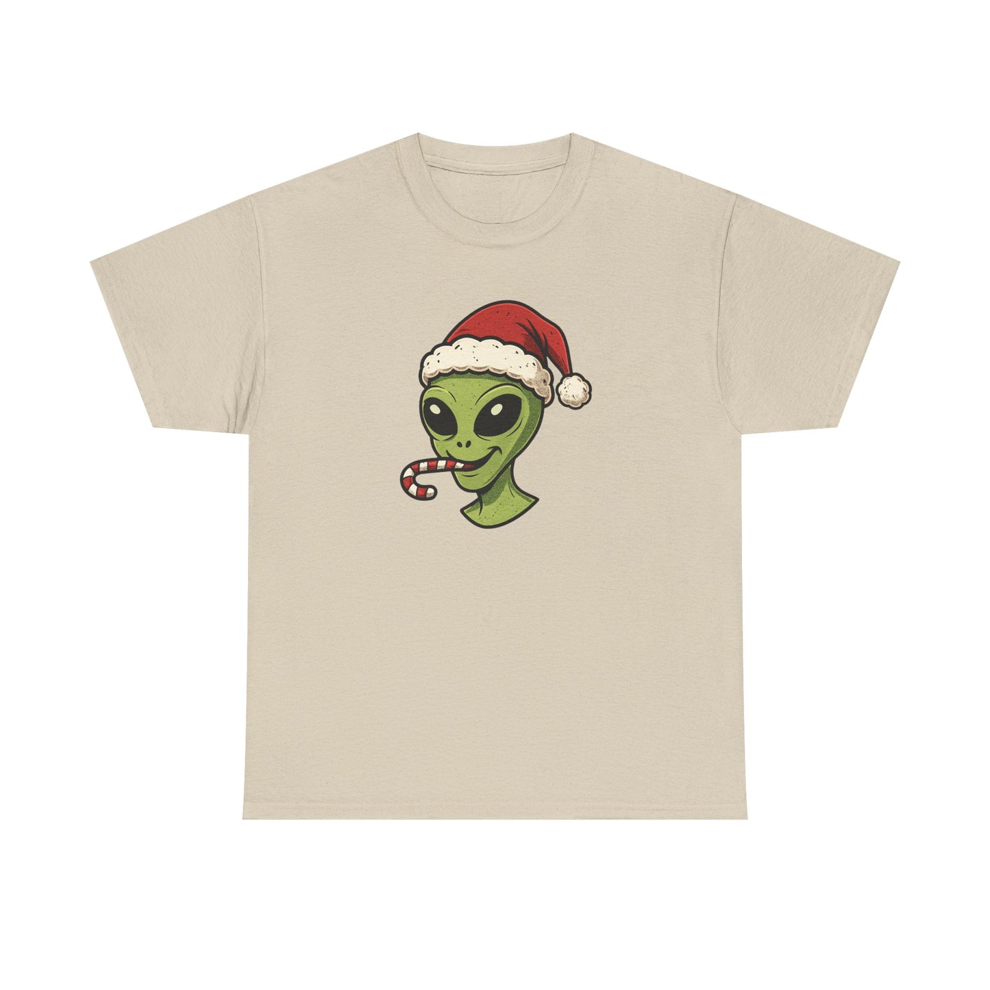 Alien Santa T-Shirt — Cute Green Alien with Santa Hat & Candy Cane Holiday Tee