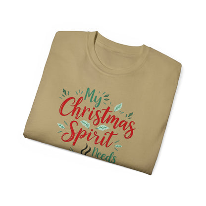 Christmas Coffee Tee - "My Christmas Spirit Needs Coffee" Holiday T-Shirt