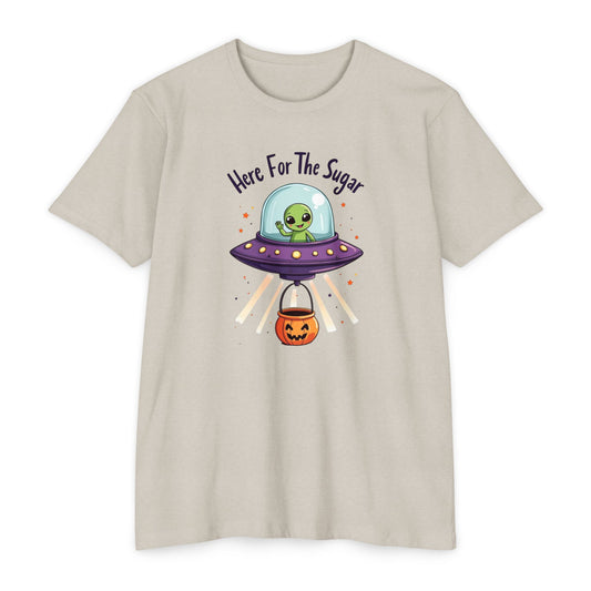 Halloween Alien T-Shirt — "Here For The Sugar" Cute UFO Trick-or-Treat Tee