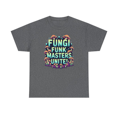 Fungi Funk Masters Unite Unisex Heavy Cotton Tee - Playful Mushroom Graphic T-Shirt - Psychonaut Swag
