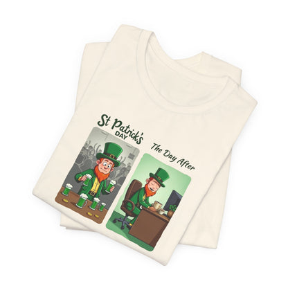 St. Patrick's Day Leprechaun Funny Cartoon T-Shirt — "St. Patrick's Day / The Day After" Tee