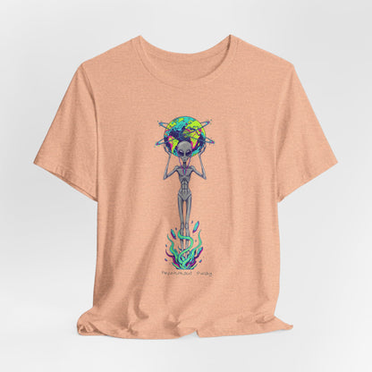 Alien Holding Earth Graphic Tee — Cosmic Sci‑Fi Alien Shirt