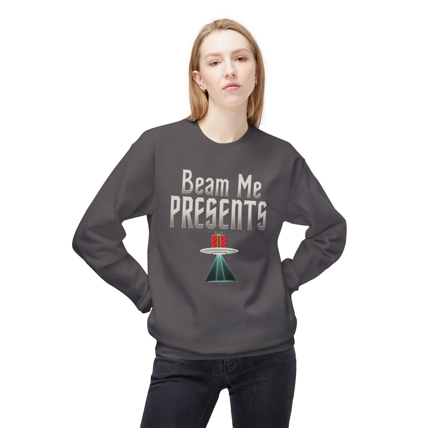 Crewneck Sweatshirt — "Beam Me Presents" UFO Holiday Gift Sweatshirt