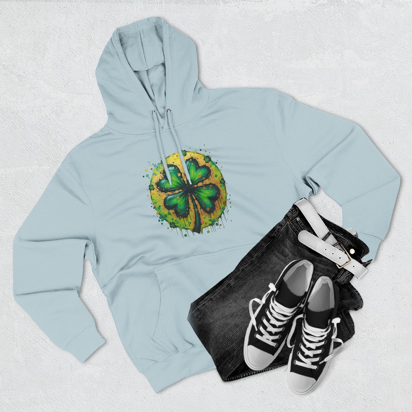 St. Patrick's Watercolor Shamrock Hoodie — Green Four-Leaf Luck Pullover