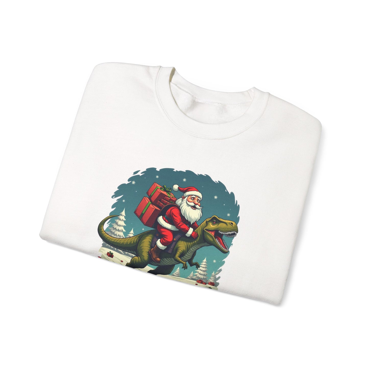Santa Dashing through on a Dinosaur Sweatshirt — Santa Riding T-Rex Holiday Crewneck