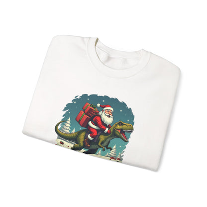 Santa Dashing through on a Dinosaur Sweatshirt — Santa Riding T-Rex Holiday Crewneck