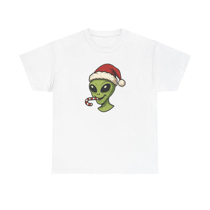 Alien Santa T-Shirt — Cute Green Alien with Santa Hat & Candy Cane Holiday Tee