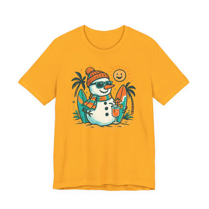 Frosty on Vacation Graphic Tee — Surfing Snowman with Drink Summer Holiday T-Shirt