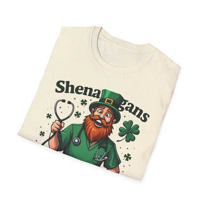 St. Patrick's Day T-Shirt — "Shenanigans Shift Survivor" Leprechaun Work Tee
