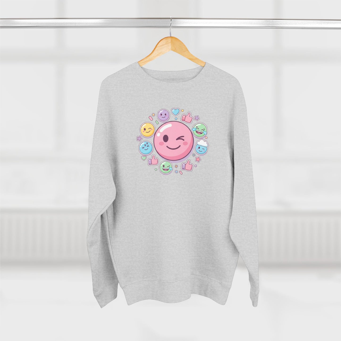 Emoji Smile Crewneck Sweatshirt — Cute Winking Face & Icon Circle Design